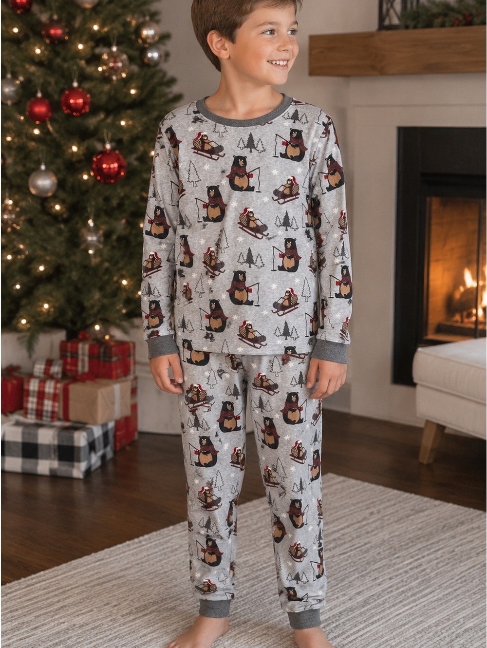 Holiday Time Kids Winter Bear Pajama Set Size 8 Gray 2-Piece
